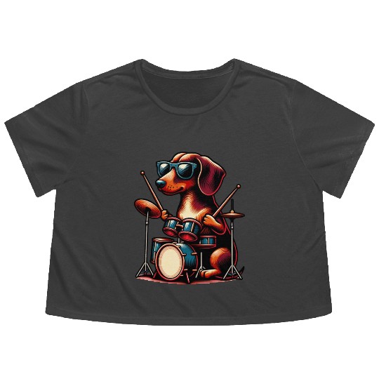 Dachshund Drummer Wiener Dog Design Flowy Cropped Tees