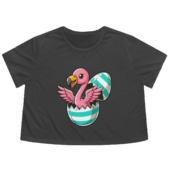 Flamingo Hatching from Easter Egg Easter Surprise Flowy Cropped Tees