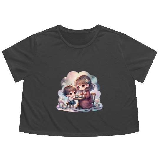 Mother and Son Enjoying a Cozy Tea Party Flowy Cropped Tees