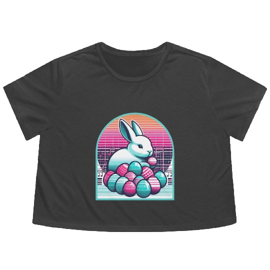 Synthwave Easter Bunny with Eggs Flowy Cropped Tees