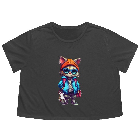 Cute Cat Cartoon Flowy Cropped Tees
