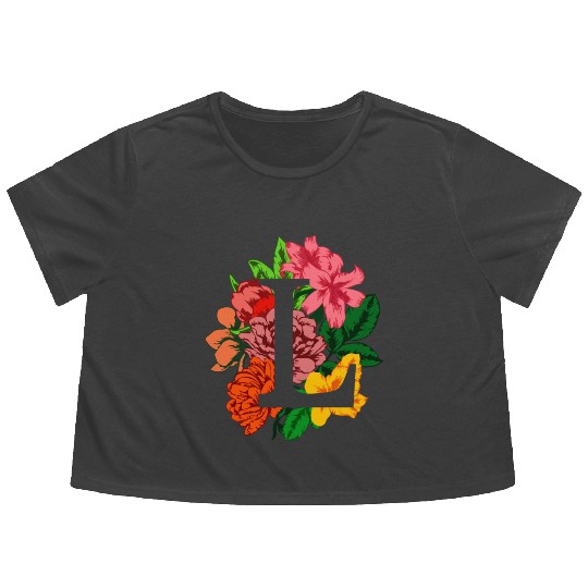 Capital letter L monogram with peony, lily flowers Flowy Cropped Tees
