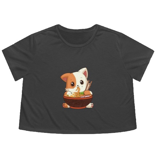 Cute anime cat eating ramen noodles Flowy Cropped Tees
