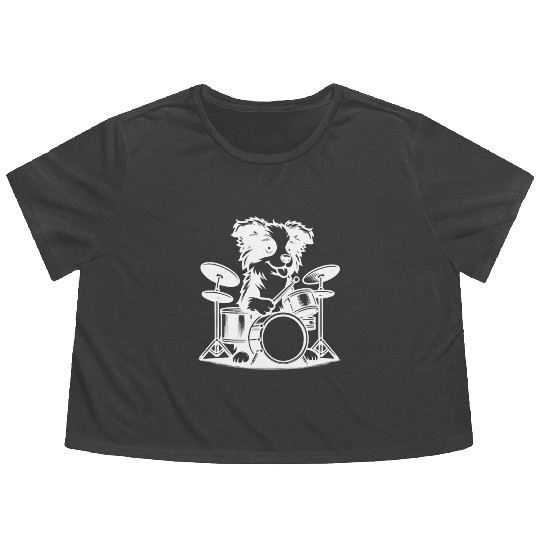 Cool Border Collie Drummer Puppy Design Flowy Cropped Tees