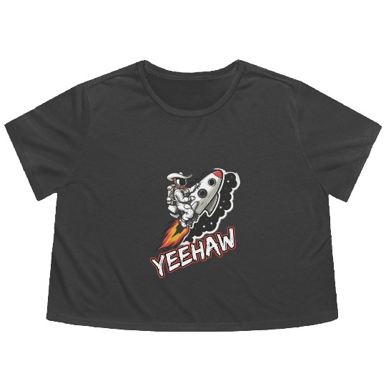 Space Cowboy Riding a Rocket with Yeehaw Slogan Flowy Cropped Tees
