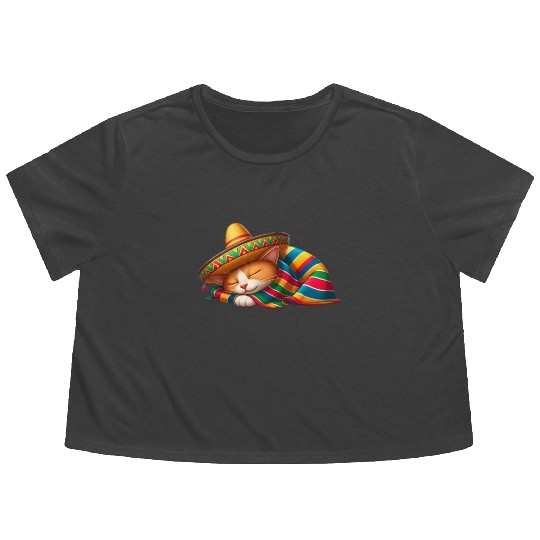 Cinco de Mayo cat in snooze mode Flowy Cropped Tees