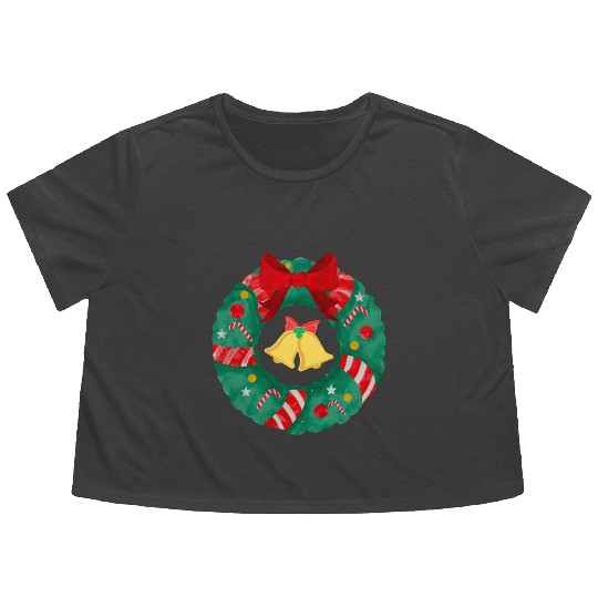 Christmas Wreath with Bells Flowy Cropped Tees