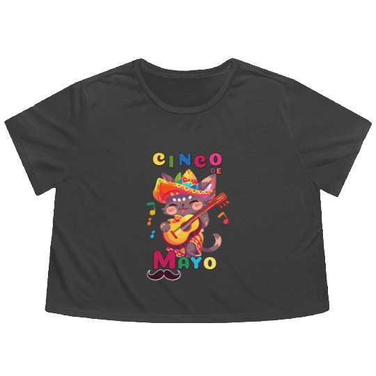 Cinco de Mayo cat with Guitar Flowy Cropped Tees