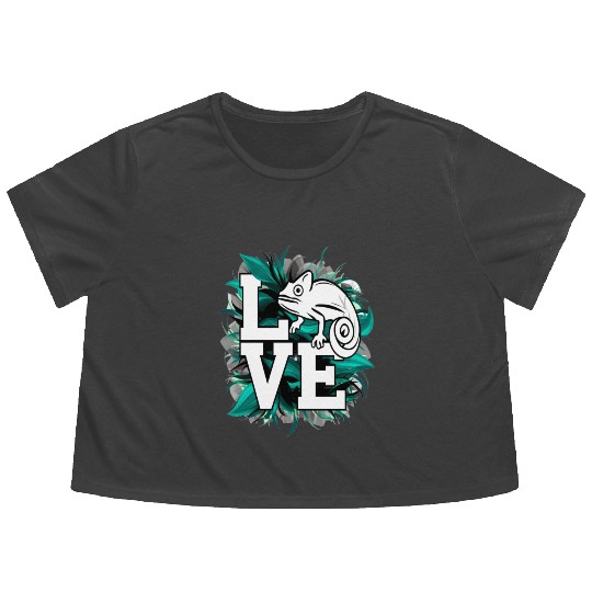 Chameleon Lizard Love Green Teal Text Design Flowy Cropped Tees