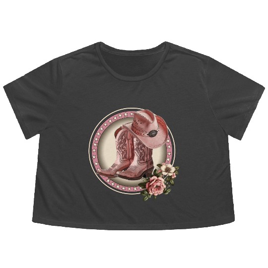PINK COWGIRL BOOTS, PINK COWGIRL HAT RETRO WESTERN Flowy Cropped Tees