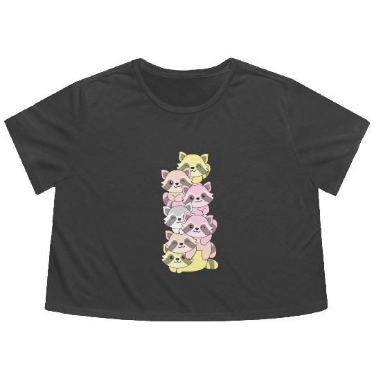 Pangender Flag Pride Lgbtq Cute Raccoon Stack Flowy Cropped Tees