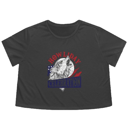 Wolf 4th of July American Flag Howling Wolves Flowy Cropped Tees