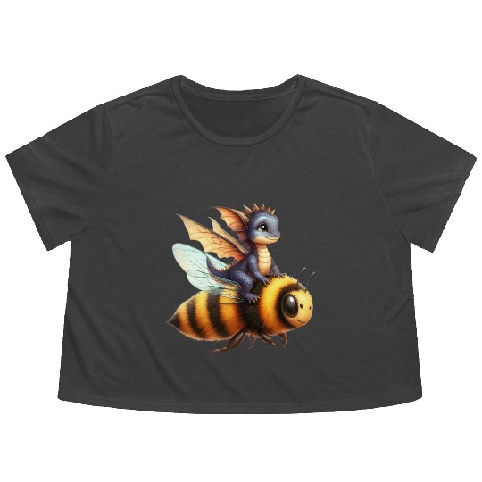 Fun Baby Dragon Riding a Bumble Bee Flowy Cropped Tees