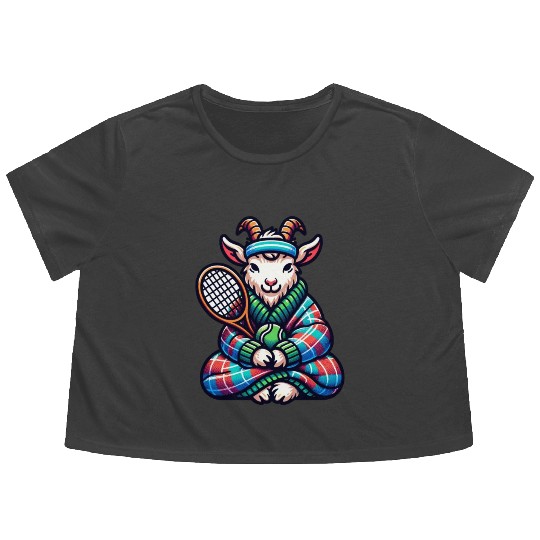 Goat Tennis Player On Court Racket Match Design Flowy Cropped Tees