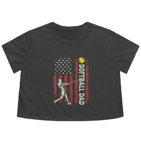 Softball Dad US Flag Gifts For Dad Men Patriotic Flowy Cropped Tees