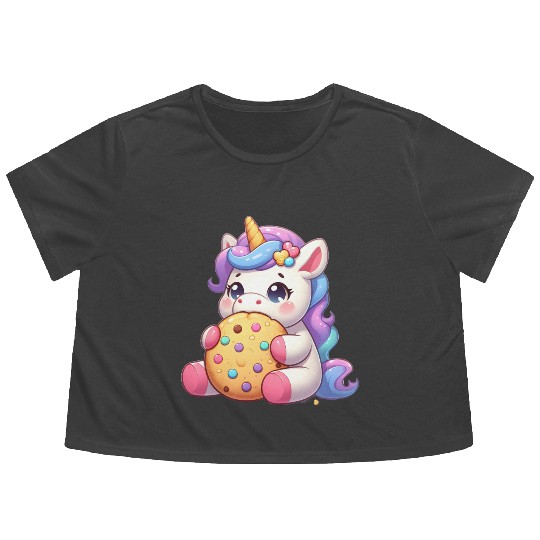 Unicorn Enjoying a Cookie Flowy Cropped Tees