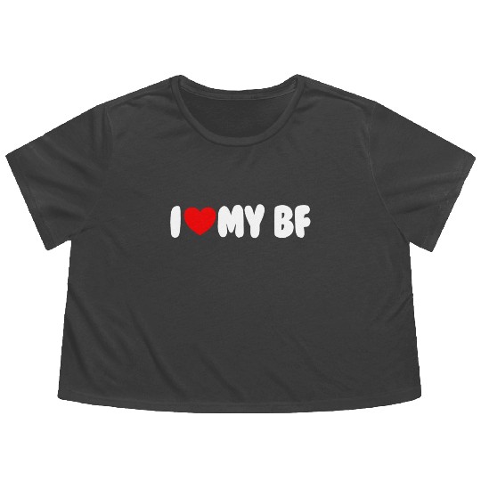 I Love My BF Red Heart Matching Couple Boyfriend Flowy Cropped Tees