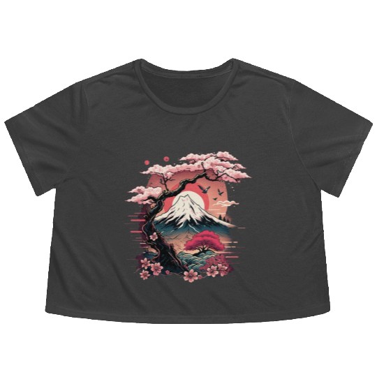 Japanese Sakura Garden Geisha Mount Fuji Cherry Flowy Cropped Tees
