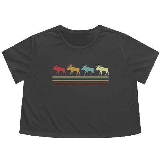 Retro Moose Lover Funny Moose Vintage Flowy Cropped Tees