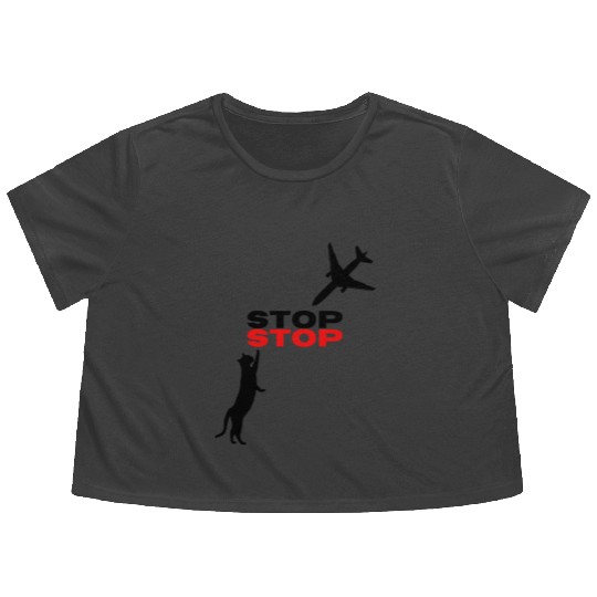 Funny Hilarious Cat Kitty Stop Airplane In Mid Air Flowy Cropped Tees