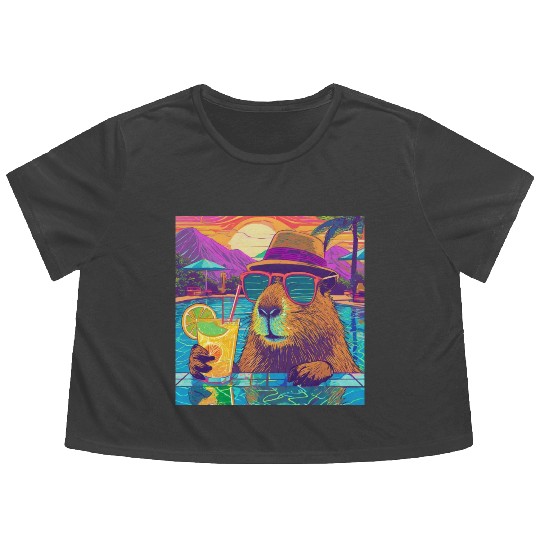 Capybara on vacation sipping on Lemonade Flowy Cropped Tees