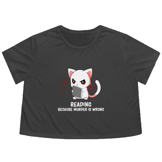 Reading - Reading Cat - Dark Humor - Reading Book Flowy Cropped Tees