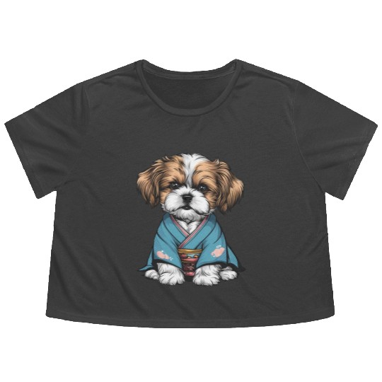Shih Tzu In Kimono Flowy Cropped Tees