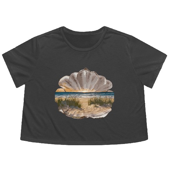 Seashell Beach Scene Serene Ocean Landscape Flowy Cropped Tees