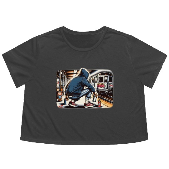 AI Teen in Subway Layup Underground- Masked Border Flowy Cropped Tees
