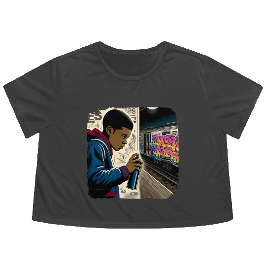 AI Teen in Underground Subway Layup -Masked Border Flowy Cropped Tees