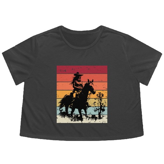 Cowgirl and Horse Vintage Sunset Flowy Cropped Tees