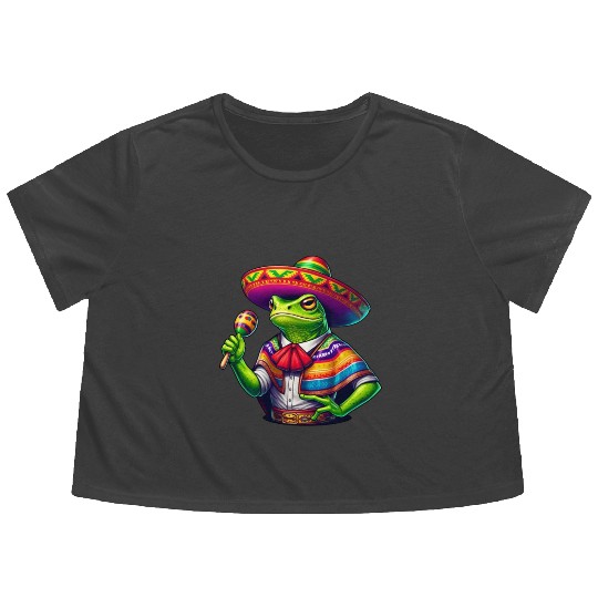 Cinco de Mayo Frog Fiesta Flowy Cropped Tees