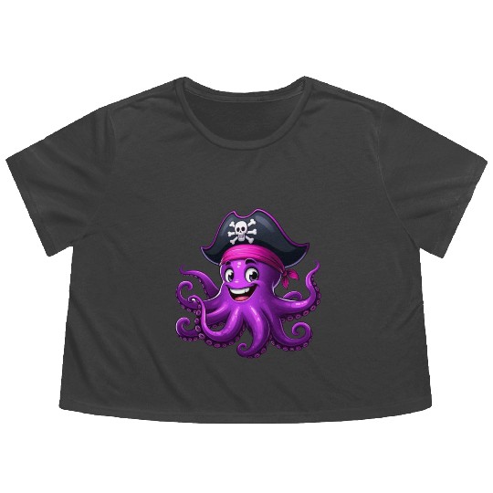 Funny pirate octopus Flowy Cropped Tees