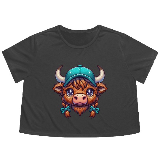 Cute Baby Highland Cow Farmer Animal Lover Flowy Cropped Tees
