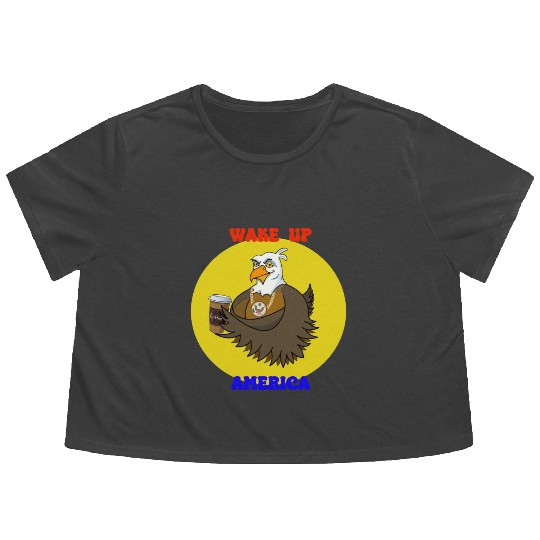 Wake Up America - Bald Eagle Drinking Coffee Flowy Cropped Tees
