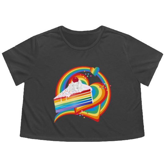 Piece of rainbow cake with cream and cherry Flowy Cropped Tees