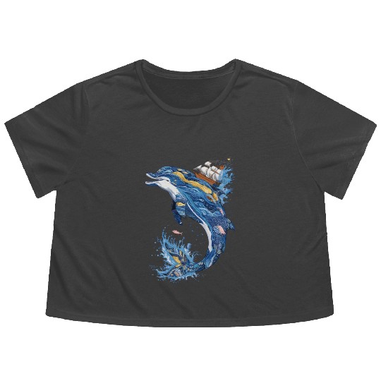 Majestic Ocean Waves Sailing Adventure Dolphin Flowy Cropped Tees