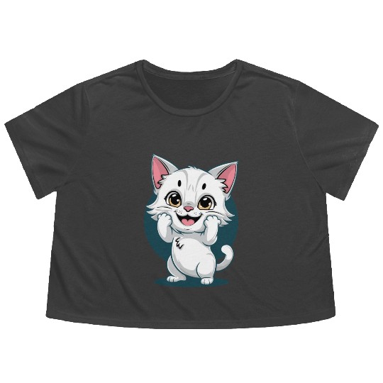 Cute White Happy Surprise Cat Flowy Cropped Tees