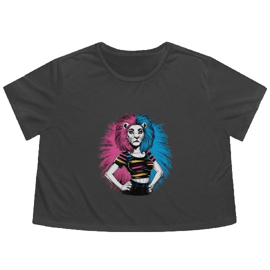 Punk Lion with pink and blue hair retro style for Flowy Cropped Tees