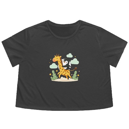 Penguin rides giraffe Flowy Cropped Tees