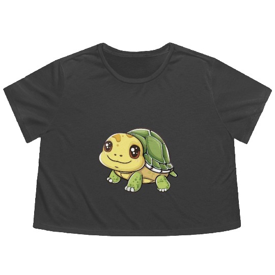 Adorable Smiling Turtle Character Flowy Cropped Tees