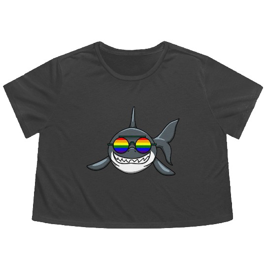 SMILING LGBTQ SHARK WITH RAINBOW GLASSES Flowy Cropped Tees