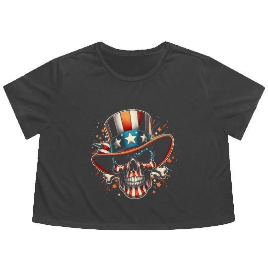Independence Day Art 4 July Patriot US Skull Flowy Cropped Tees