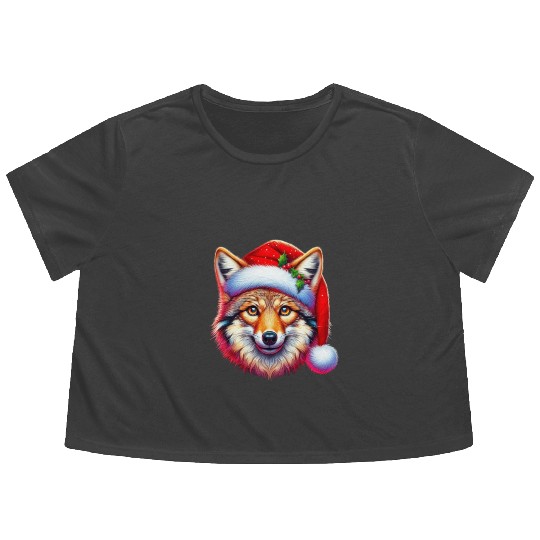 Christmas Coyote Art Red Santa hat Animal Lovers Flowy Cropped Tees