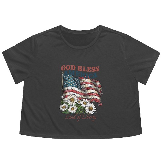 God Bless America 4th Of July US Flag Daisy Flowy Cropped Tees