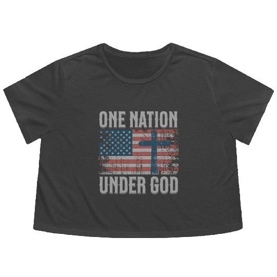 One Nation Under God Retro US Flag Christian Cross Flowy Cropped Tees