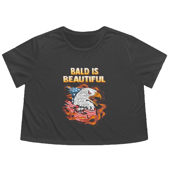 Bald Is Beautiful US Flag Eagle 4th Of July Funny Flowy Cropped Tees