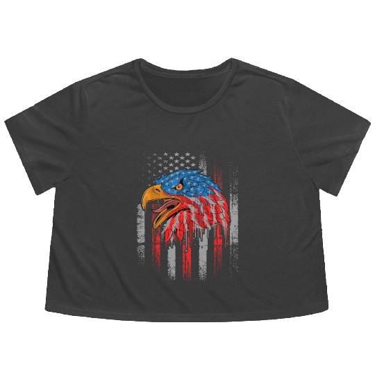 Retro US Flag Funny 4th July Bald Eagle Patriotic Flowy Cropped Tees