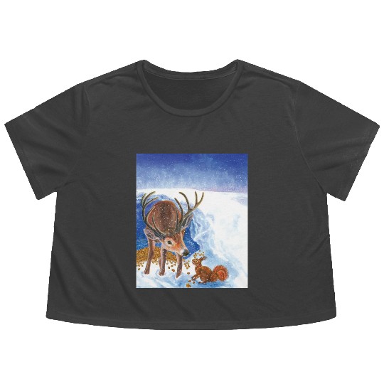 Red Deer and Squirrel in Winter Illustration Flowy Cropped Tees