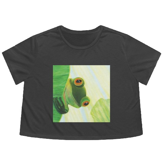 Cute Green Frog Peeping out From Behind Lily Pad Flowy Cropped Tees